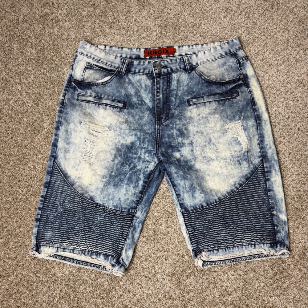 Kroix Mens Acid Wash Moto Denim Shorts Blue Distressed Biker Streetwear Size 38